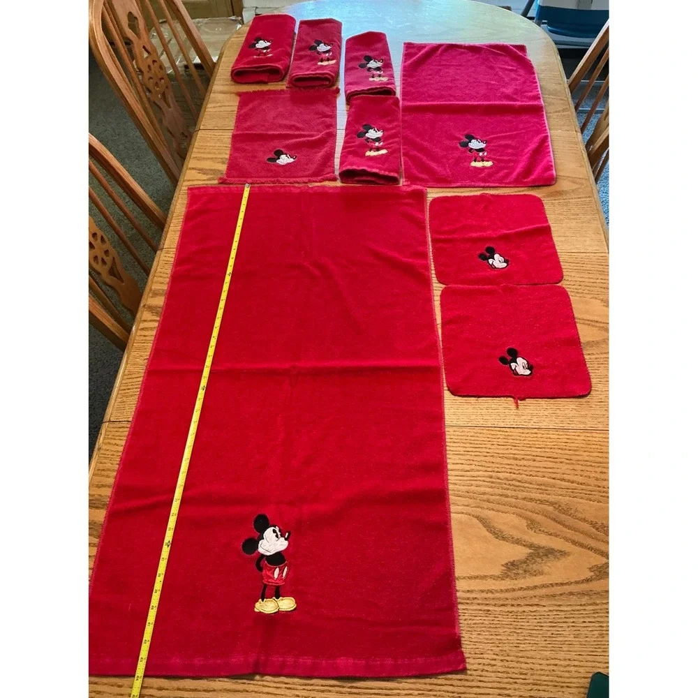 Vintage Mickey Mouse Red Bath Towel Set 9 Piece Disney Embroidered Cotton Terry